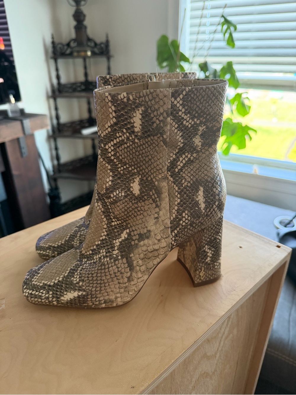 Sam Edelman Beige and Gray Snake-Print Block Heel Ankle Boots